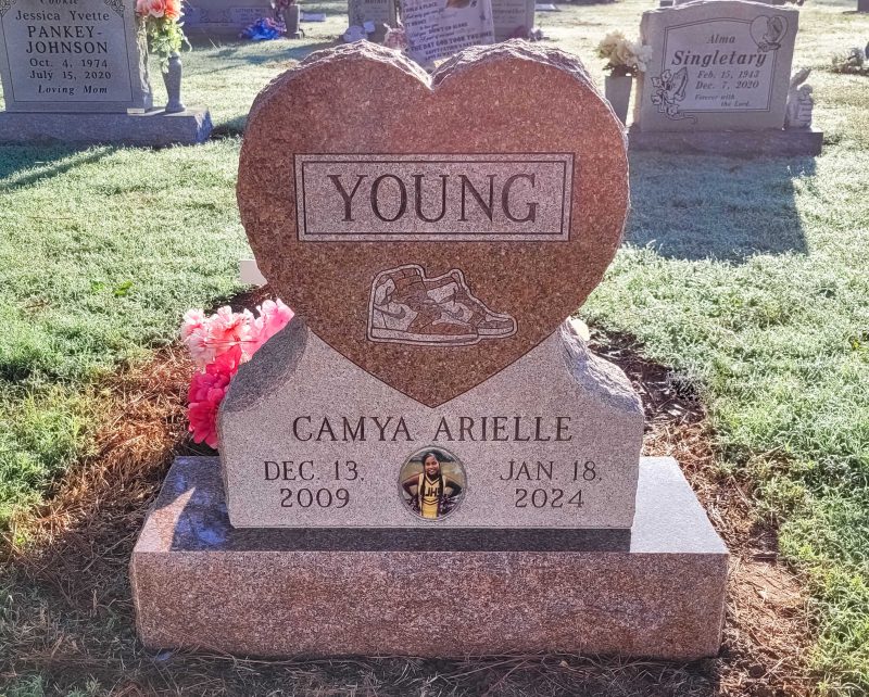 Young Infant and Child Heart Shaped Red Granite Headstone with Porcelain Portrait